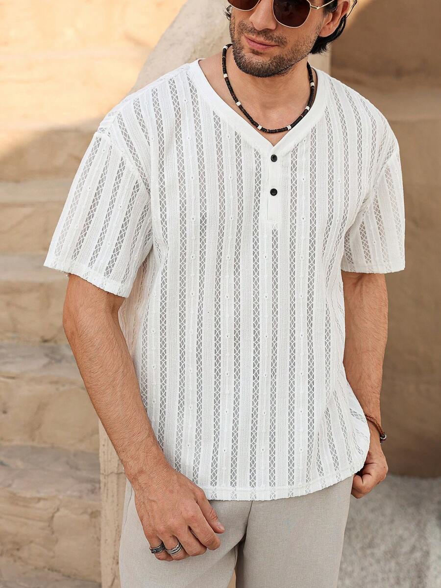 Genlund Men's Solid Color Button-Up V-Neck Short Sleeve Casual T-Shirt - White - View 1