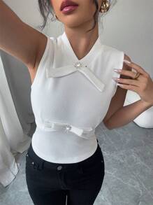 Elenzga Women's Bow Rhinestone Embellished Waist Ruffled Textured Fabric Splice Waist White Tank Top - White - View 4