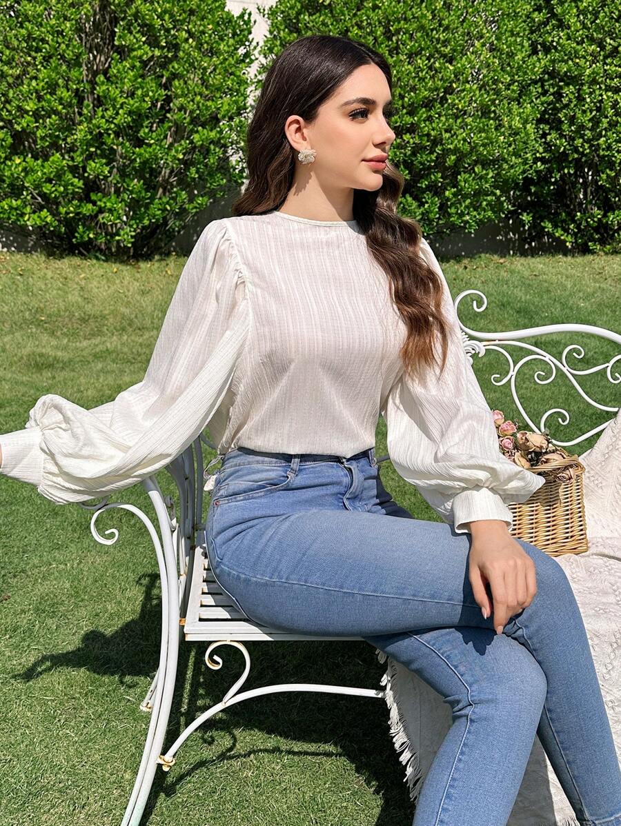 Modelyn 女士纯色圆领灯笼袖宽松上衣