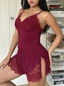 Sexy Lace Panel Women Sleepwear Pajama Set Cozy And Elegant Details, Fall Winter Clothes - Burgundy - View 4