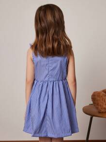 PrepCrw Young Girls' Fitted Round Neck Woven Dress, Blue Color, Spring/Summer - Blue and White - View 2