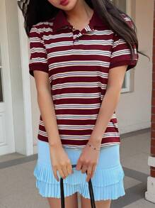 SHEIN Explorewe Teen Girls Fashion Colorblock Striped Polo Collar Short Sleeve T-Shirt And Double Layer Ruffle Skirt Set, Summer, Casual, Holiday, Back-To-School - Blue - View 6