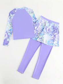 2pcs/Set Girls Tankini With Long Sleeve Top & Patterned Pants, Outfit - Multicolor - View 2