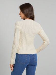SHEIN Tall Women's Solid V-Neck Long Sleeve Simple Sweater, Casual Everyday Wear - Beige - View 2