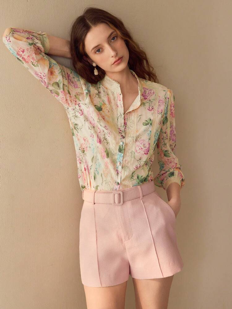 CONTRAST LACE FLORAL PRINT BLOUSE,SPRING/SUMMER