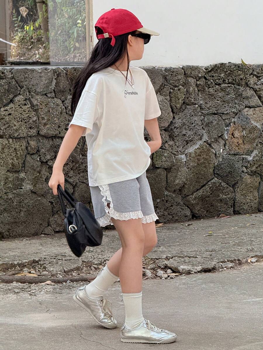 DAZY 2pcs/Set Tween Girls' Casual Letter Printed Short Sleeve Top And Shorts Set,Girls Summer Outfits,Back To School Clothes - White - View 1