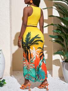 Slaydiva New Spring/Summer Butter Yellow Music Festival, Easter, Boho, Western, Nashville-Inspired, Birthday Party, Graduation, Student, Casual, All-Match, Comfortable, Vacation, Cruise Travel, Beach, Sun Bathing, Viral, Tropical Floral Print, Beach Resort, Slit, Asymmetric Hem, Palm Tree, Plus Size Women 2 Pieces Set - Yellow - View 3