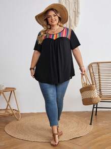 SHEIN CURVE+ 大码对比条纹 T 恤，超宽松，度假 T 恤波西米亚风度假 - 黑色 - 查看 9