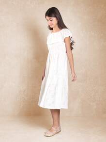 SUMWON Summer Eyelet Lace Tiered Prairie Midi Dress With Ruffle Overlay Empire Waist Sundress For Tween Girls Special Occasion Wedding Guest Easter Spring - White - View 3