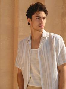 Manfinity VCAY 2pcs Men's Woven Striped Collared Casual Shirt Set, Suitable For Daily Wear In Summer - Khaki - View 3