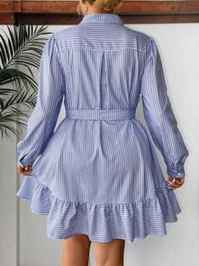 Calvaya Plus Size Women Blue Striped V-Neck Casual Belted Mini Long Sleeve Dress - Blue - View 2