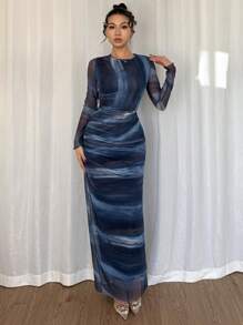 Rafferiza Women's Tie-Dye Print Ruffle Crew Neck Long Sleeve Dress Fall Cloth For Women - Blue - View 6