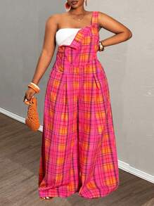 Slaydiva Plus Size Women's Summer Casual & Cute Wide Leg Jumpsuit, Suitable For Outing, Daily Wear & Romantic Occasions - Hot Pink - View 3