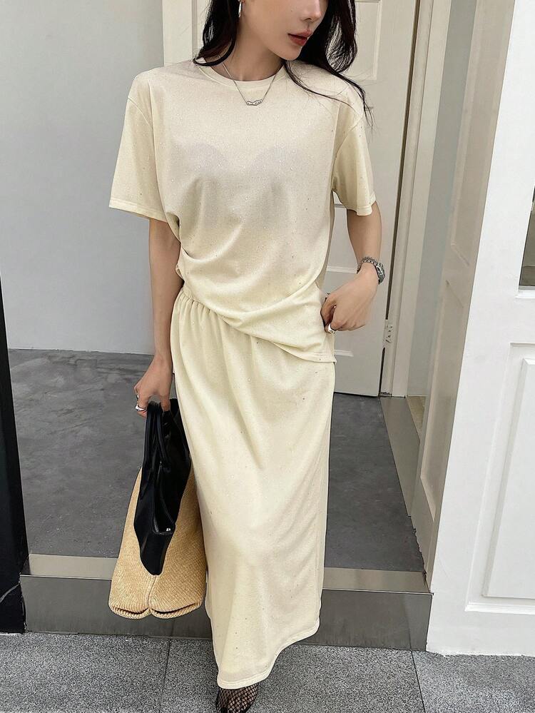 2pcs/Set: Solid Color Round Neck Short Sleeve T-Shirt And Skirt For Women