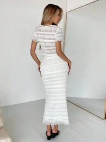 SHEIN Essnce 2025年女士夏季服装：女士办公室两件套 - 修身层叠荷叶边上衣和长裙，适合早午餐的简约休闲时尚，机场服装，透气面料和欧洲夏季款式 - 白色 - 查看 5