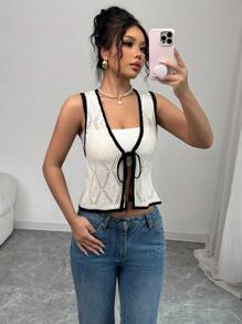 Elenzga Women's Simple Commuter Diamond Knit V-Neck Tie Bow Sleeveless Sweater Vest