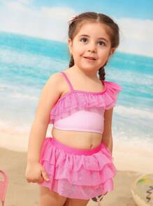 Young Girl Solid Color Patchwork Minimalist Bikini Top And Bottom Swimming Suit Set