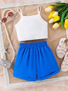 2pcs/Set Young Girls Floral Camisole Top And Lavender Bowknot Shorts, Comfortable Casual Summer Holiday Outfit - Blue - View 2