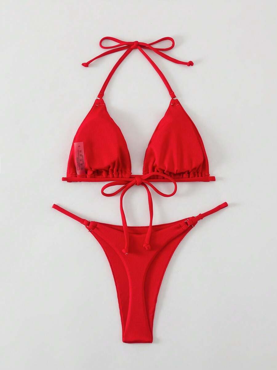 Swim Basics Women's Summer Vacation Beach Solid Color Bikini Set - Red - View 1