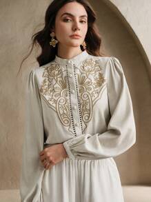 Anewsta Women's Elegant Embroidered Lantern Sleeve Round Neck Retro Pattern Embroidery Blouse Top, Festival Spring Outfits - Apricot - View 4