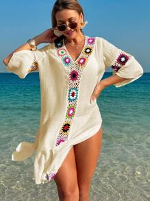 Swim Vcay 女士夏季服装女式 V 领 3/4 袖钩针花朵随机颜色侧开衩宽松束腰罩衫连衣裙，适合夏季海滩度假 - 杏色 - 查看 6