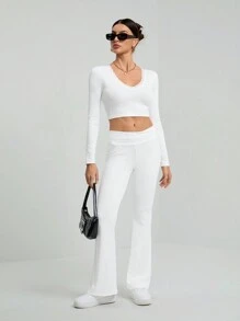 SHEIN Tall V領長袖純色上衣與休閒長褲套裝，適合高個女性 - 白色 - 查看 7