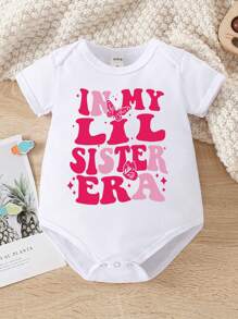 SHEIN Bộ đồ liền thân hình tam giác in họa tiết bướm hoạt hình dễ thương và chữ nhiều màu sắc cho bé gái tay ngắn - trắng - Xem 3