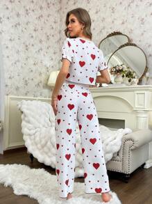心形印花蕾丝拼布短袖上衣和长裤女式睡衣套装