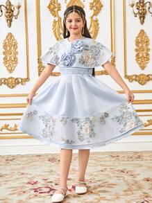 SHEIN Tween Girls Elegant Floral 2 Pieces Set: Dress With Detachable Cloak - Blue - View 1