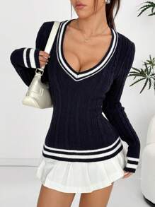 SHEIN EZwear Jersey de manga larga con cuello en V ajustado para mujer, con estampado de rayas, para otoño/invierno