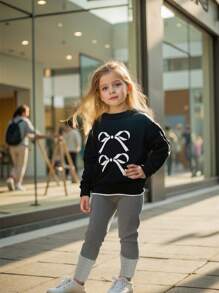 4-7 Years Old Girls Elegant Pullover Sweatshirt With Bow Decoration And Pants Set, Fashion Casual Chic Outfit For Little Girls