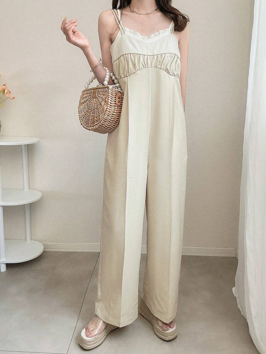 FRIFUL Women's Apricot Color Elegant Lace Patchwork Jumpsuit Pants, Summer Outfit,Ruffle - Apricot - View 1