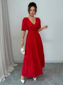 Chiquease Fashionable Everyday V-Neck Tied Backless Ruched Layered Dress For Women
