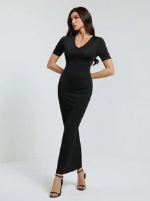 SHEIN Tall Dames effen V-hals bodycon korte mouw jurk Hoco Jurken