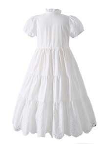 Tween-Mädchen Elegantes mittellanges Kleid mit Stehkragen, Puffärmeln, hoher Taille, einfarbig, Cut Out Stickerei und Spitzensaum