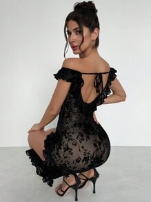 Firerie 女士优雅、精致、浪漫、简约荷叶边露肩开衩绒面网眼长裙，适合约会、聚会、度假 - 黑色 - 查看 7