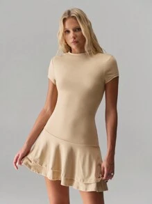 SHEIN Unity Solid Color Low Waist Asymmetric Hem Dress - Apricot - View 5