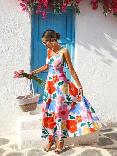 Vivid Eden 女士春夏休闲假日花卉印花长裙、女士度假装、度假背心裙、海滩度假装、热带度假女装、女士夏季装