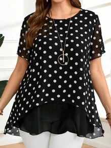 EMERY ROSE Große Größen Damen Polka Punkt Muster Rundhals Locker Kurzarm Bluse Sommer Kleidung Elegante Polka Punkt Arbeitskleidung für Damen