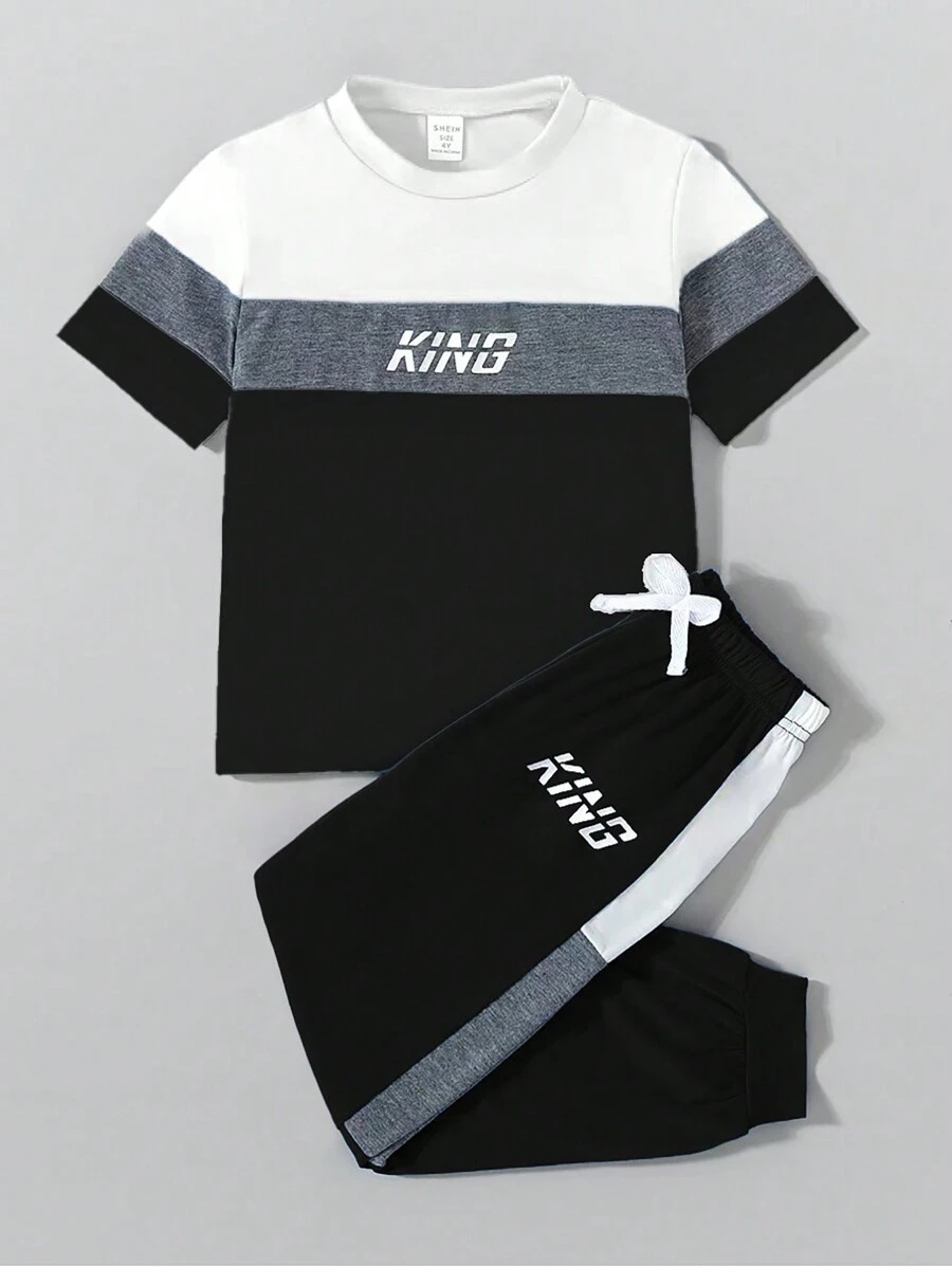 SHEIN 2pcs/Set Young Boy Round Neck Short Sleeve T-Shirt And Casual Pants, Minimalist & Fashionable Daily Wear - Multicolor - View 1