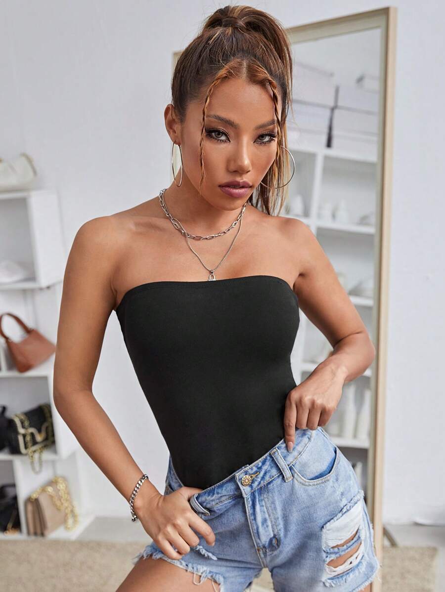 SHEIN Essnce Solid Tube Top - Black - View 1