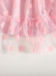 SHEIN 1 Pc Little Girls Round Neck Cap Sleeve Polka Dot Mesh Dress - Pink - View 5