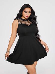 SHEIN ICON 加大码圆领无袖网眼拼布 A 字形连衣裙，Y2K 朋克哥特风格，带口袋 - 黑色 - 查看 5