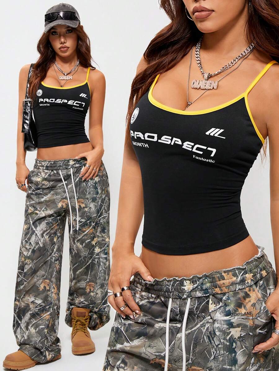 SHEIN EZwear Women's Spring/Summer Daily Wear Back To School Going Out Casual Graphics Bustier Tank Tops - Black - View 1