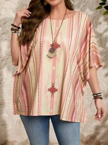 EMERY ROSE Plus Size Women's Cowgirl Outfit Round Neck Bat Retro Pattern Retro Print Loose Vacation Country Tops, Summer Outfits For Women