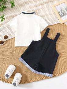 SHEIN Leap Crew 2件套男婴可爱休闲学院风短袖字母印花polo衫和背带短裤套装（含内衣），适合生日派对、晚宴、演出、婚礼、迎婴派对、一周岁生日庆祝等场合。 - 彩色 - 查看 6