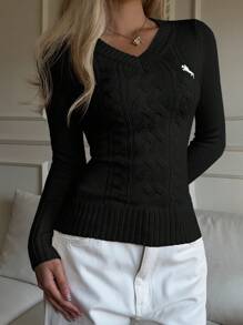 CovetEZ Women's Casual Minimalist Embroidery Detail Sweater,Tops For School In Fall/Winter - Black - View 4