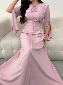 Modelyn 2 件套女士套装：带水钻的优雅短夹克和紧身连衣裙，春夏 - 粉色 - 查看 2