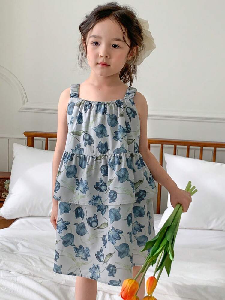 Floral Print Ruffle Hem Slip Dress For Young Girls,Girls Summer Outfits Vacation