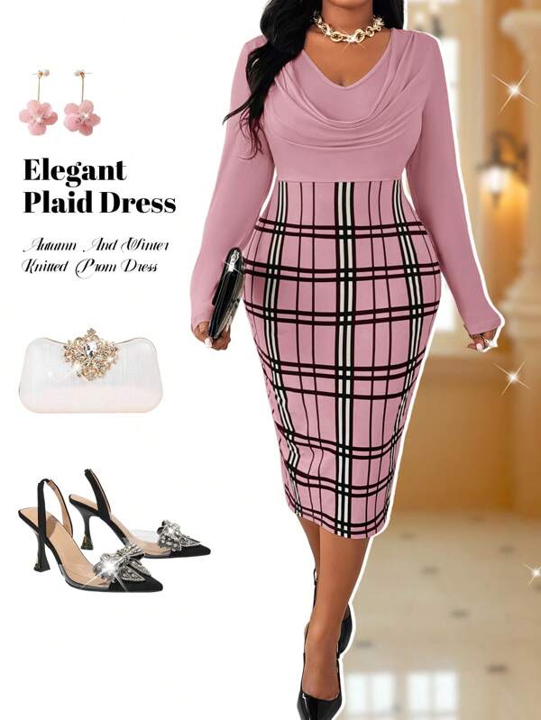 Fleurora Autumn And Winter Elegant Brown Plaid Knitted Cowl Neck Pencil Midi Long Sleeve Plus Size Dresses Prom Dress Gold Skirt Plaid Dress